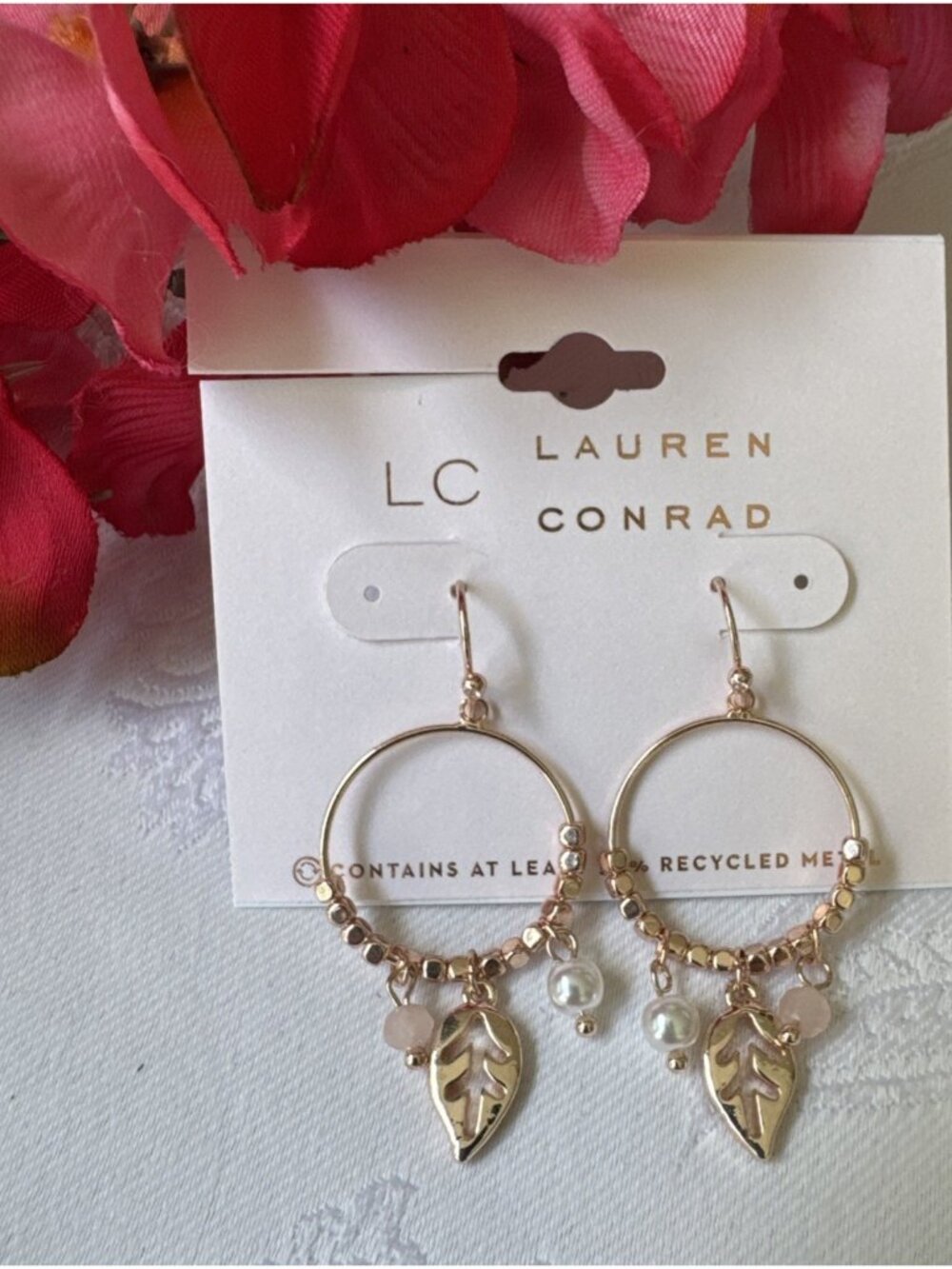 LC Lauren Conrad Earrings Dainty Beads Pearls Pink Charms GoldTone Dangle NEW